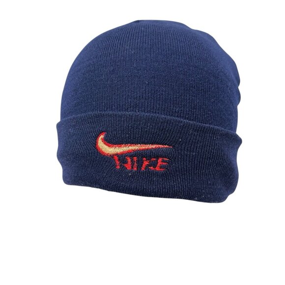 Nike Vintage Knit Beanie Hat Skull Cap Retro 90's 80's Swoosh Logo Blue Rare - Picture 1 of 9
